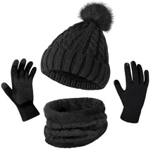 Womens Winter Hat Scarf Glove Set, Warm Fleece Lined Pom Beanie Hat Neck Warmer  - £22.51 GBP