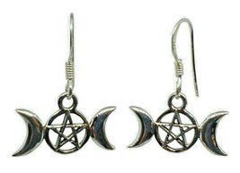 Triple Moon Pentacle Earrings Hook 925 Sterling Silver Pagan Witch Wiccan &amp; Box - £14.75 GBP