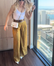 ZARA BNWT 2025. GOLDEN SATIN WIDE LEG TROUSERS BELT MODAL. 1478/078/303 - $94.33