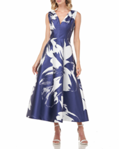 Kay Unger Kate Floral Print Mikado Pleated Sleeveless Midi Dress in Navy... - £90.57 GBP