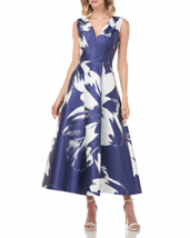 Kay Unger Kate Floral Print Mikado Pleated Sleeveless Midi Dress in Navy/White 4 - £90.55 GBP