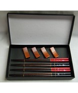 Chop Sticks w/ Wooden Rests Set For 4 New Enamel Flowers Presentation Gift Box - $272.32 MXN