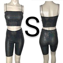 Black Diamond Shaped Metallic Sequins Crop Top &amp; Biker Shorts 2 PC Set~Size S - £29.64 GBP