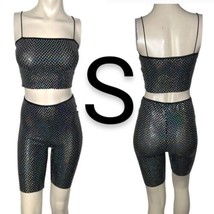 Black Diamond Shaped Metallic Sequins Crop Top &amp; Biker Shorts 2 PC Set~S... - £29.72 GBP