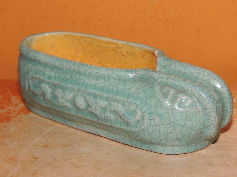 Chinese Mud Shoe 4&quot;+ Teal overglaze dragon pearl Mudman mark China Antiq... - $40.49
