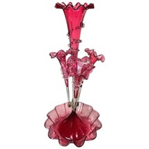 Antique Victorian Epergne Cranberry Glass 4 Horn Trumpet Vase 21&quot; Centerpiece - $327.25