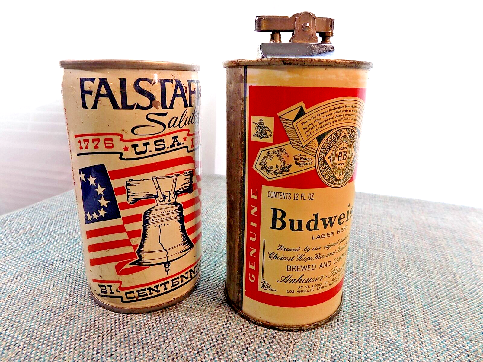 Genuine FALSTAFF & BUDWEISER BEER Cans BUD is Musical Cigarette Lighter 1970s - $71.25