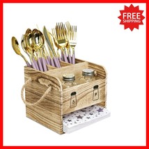 Elegant Oak Wooden Utensil Caddy with Salt &amp; Pepper Shaker - 5 Compartme... - $29.09