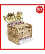 Elegant Oak Wooden Utensil Caddy with Salt &amp; Pepper Shaker - 5 Compartme... - $533.45 MXN