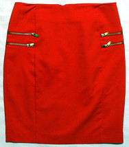 H&amp;M Bright Red Gold Exposed Zippers Knee Length Pencil Skirt Pockets Slit 10 M - £7.87 GBP