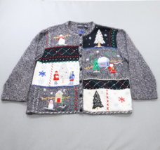 Vtg Erika Ugly Christmas Sweater XL Cardigan Embroidered Santa Grandmacore Black - £17.55 GBP