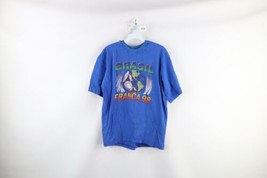 Vintage 90s Mens Small Distressed 1998 World Cup Brasil Soccer T-Shirt Blue - £35.57 GBP