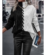01- LUNE Two Tone High Neck Drop Shoulder Cable Knit Sweater - $45.28