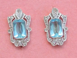 Antique .18ctw Rose Diamond 5ctw Syn Aquamarine Cocktail 7/8&quot; Stud Earrings 1910 - £853.61 GBP