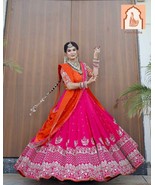 Pink Lehenga Choli with Sequence Work and Orange Dupatta - Wedding Outfit - $1,310.50 MXN