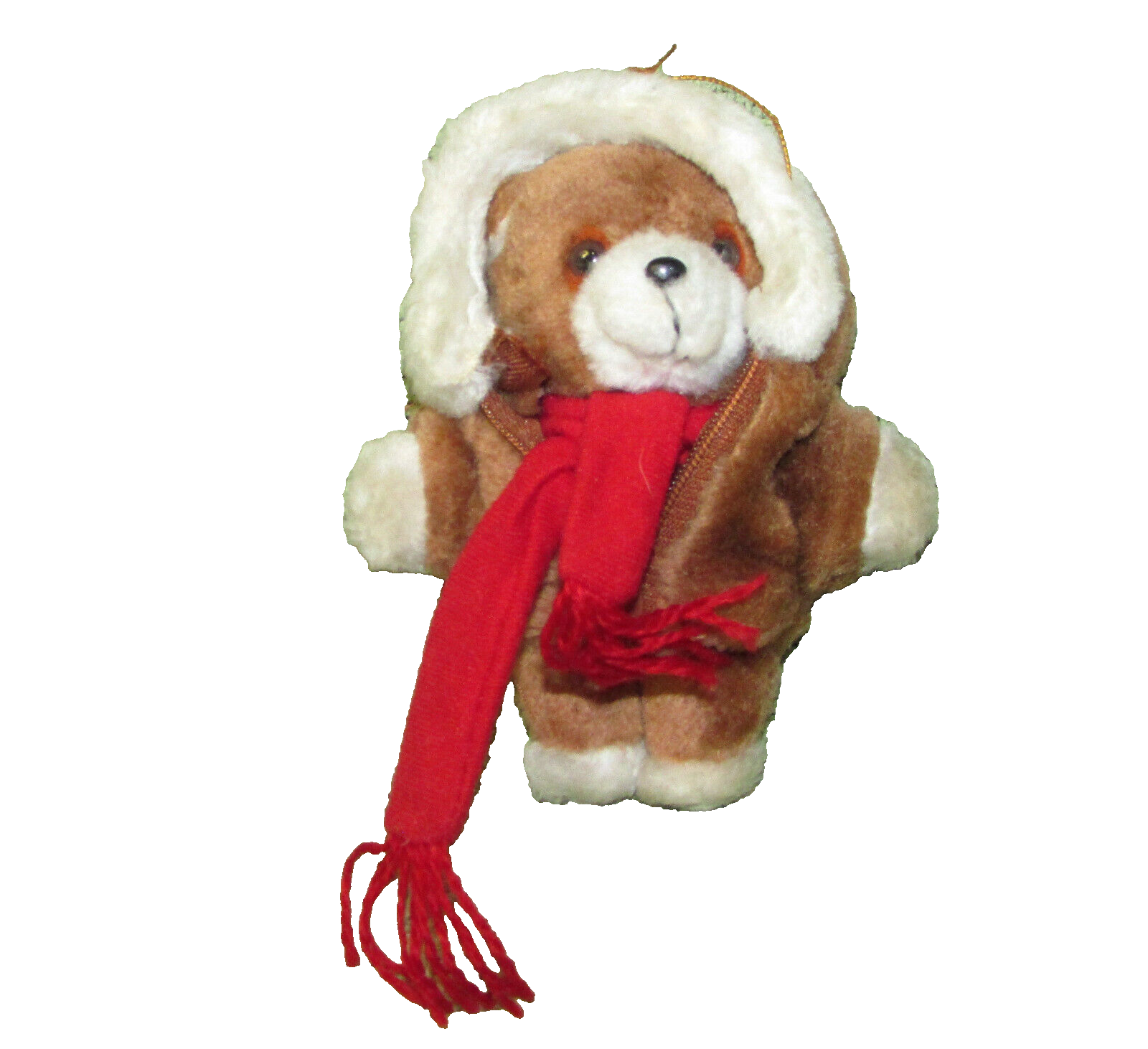 5" VINTAGE INTERPUR DOG PLUSH TAN BROWN w/ZIPPERED JACKET RED SCARF ORNAMENT TOY - $13.50