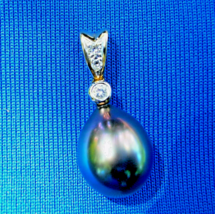 South Sea Pearl Black Tahitian Drop Pendant Natural Diamond 14k White Gold Charm - $1,895.25