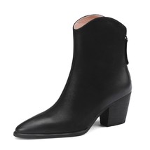 100% Cow Leather Ankle Boots Women Luxury Genuine Leather Block High Heel Zipper - £116.52 GBP