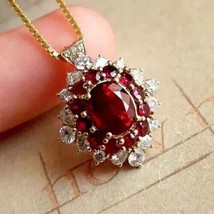 4Ct Oval Cut Simulated Red Garnet Halo Pendant Free Chain 14K Yellow Gold Plated - £64.71 GBP