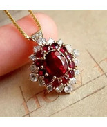 4Ct Oval Cut Simulated Red Garnet Halo Pendant Free Chain 14K Yellow Gol... - £64.32 GBP