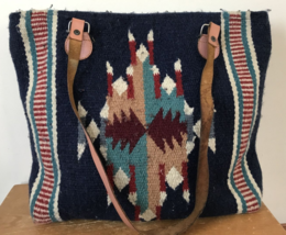 Vintage Boho Southwestern Woven Saddle Blanket Wool Leather Tote Handbag Purse - £39.61 GBP
