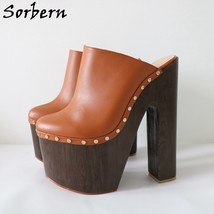  brown women slippers mules high heels gold rivets closed toe shoe chunky heeled female thumb200