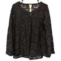 Chico&#39;s Tunic Blouse Size 12 14 Large Lace Black Nylon Spandex Pullover Bell - £13.13 GBP