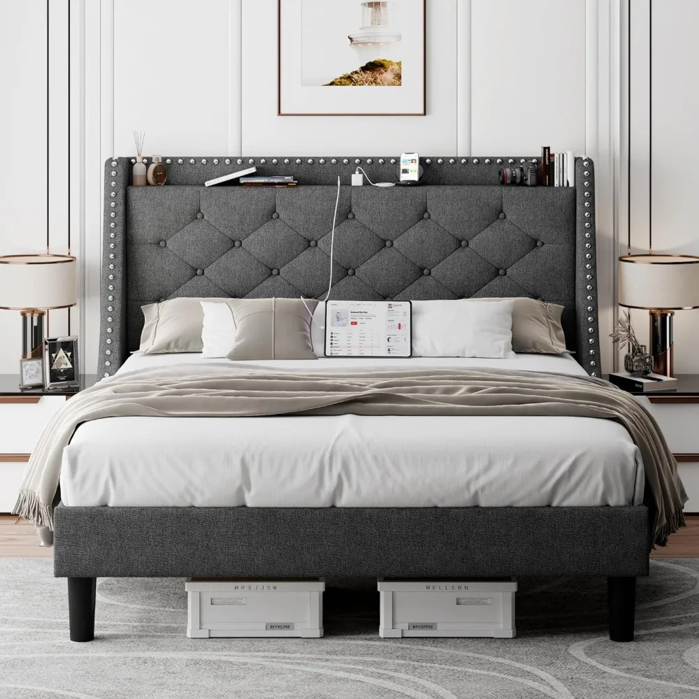 Queen Size Bed Frame with Luxury Wingback Upholstered Button Tufted Storage - $260.00