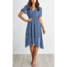 Fashion Blue V Neck Midi Sheer Lined Dress Elastic Waist Boho Chic, Size S - £17.82 GBP