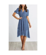 Fashion Blue V Neck Midi Sheer Lined Dress Elastic Waist Boho Chic, Size S - $416.76 MXN
