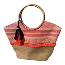 Straw Studios Beach Large Tote Wooden Handles Bright Coral &amp; Blue W/ Tassel - $14.96