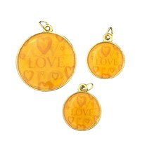 3 Gold Orange LOVE Round Hearts Design Altered Art Pendant Charms Set Jumprings - £3.15 GBP