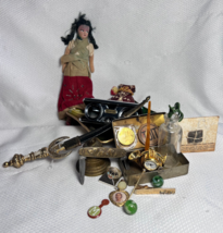 Vtg Collectors Trinket Lot Doll Knife Binoculars Marbles Bell Bottle Tokens - £39.80 GBP