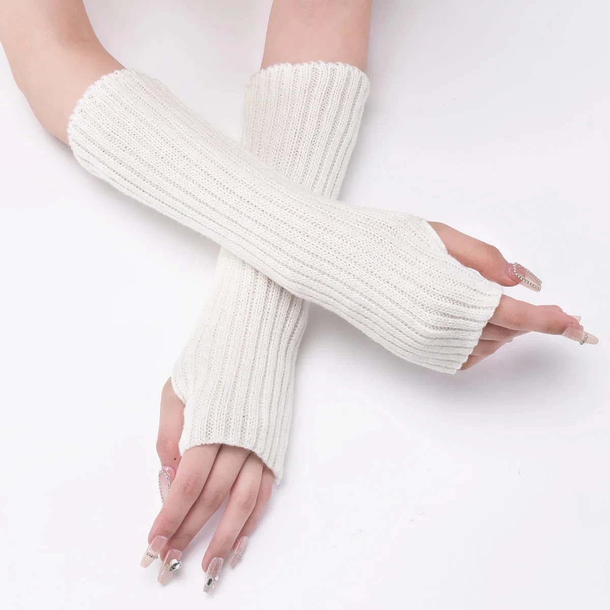 Long Fingerless Gloves Womens Mitten Winter Arm Warmer  Arm Sleeve Fine Casual S - £82.42 GBP