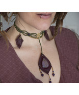 Green macrame choker, atlantisite leather necklace, elven jewelry - $109.77 CAD
