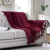 Homiest Fleece Throw Blanket With Fringe, Soft &amp; Cozy, Burgundy, 50 X 60 Inch - $35.99