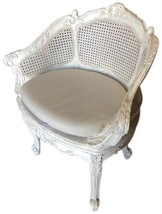 Vanity Chair Antiqued White Pretty Carved Wood Cane Back, Gray Linen Upholstery - £781.46 GBP