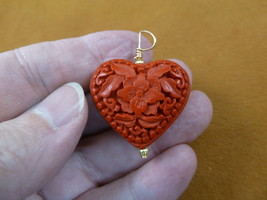 (J-28) Red heart CINNABAR handmade wood lacquer flower wired Pendant necklace - £11.75 GBP