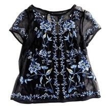 WHBM sheer mesh floral embroidered short sleeve top Blouse Women&#39;s Mediu... - £39.65 GBP