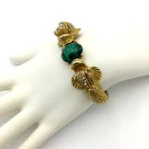 KISSING KOI vintage hinged bracelet - gold-tone rhinestone eyes green cabochon - £60.09 GBP
