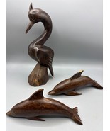 Vtg 3 Pc Ironwood Hand Carved Wood Pelican Crane Dolphins Figurines Naut... - $32.13