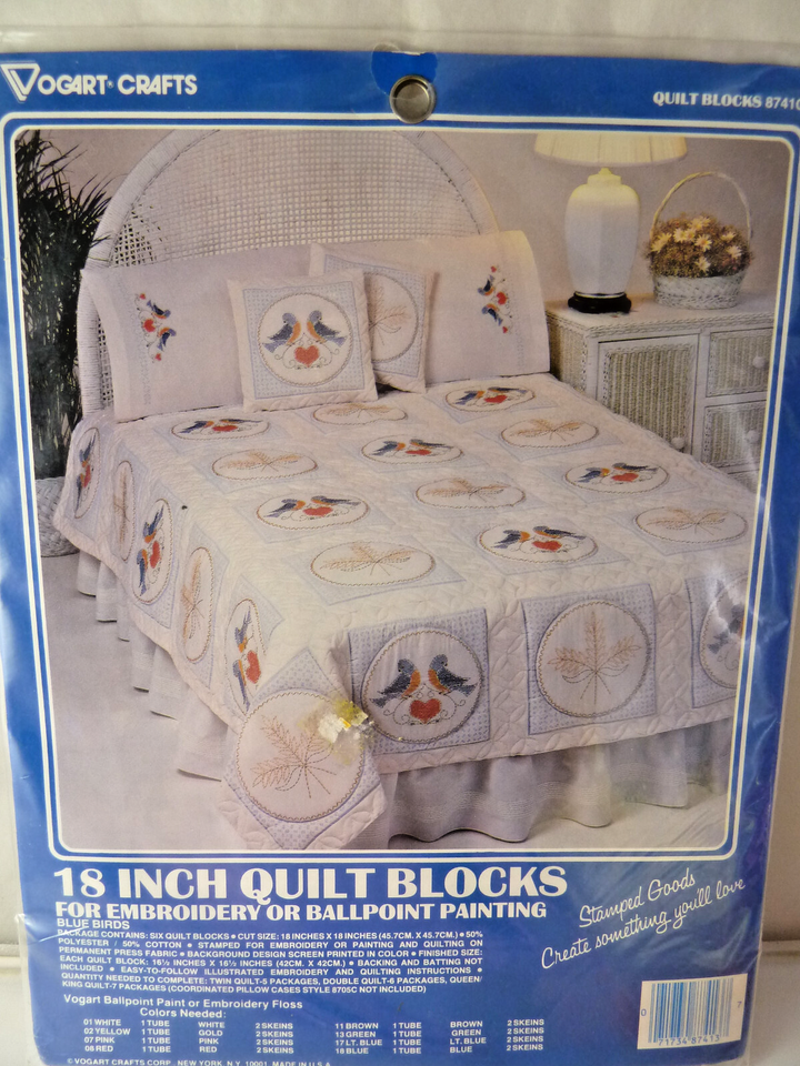 Vogart Crafts Kit Pack of 6 Quilt Blocks  8741C Blue Birds PolyCotton Bl... - $10.93