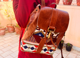 Moroccan Leather Backpack With Vintage Kilim | Leather Bohemian Backpack | Handm - £81.53 GBP