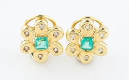 18k Oro Giallo Smeraldo e Diamante Orecchini a Fiore - £1,189.91 GBP