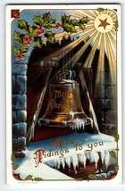 Christmas Postcard Gold Shining Star Bell Holly Snow 1910 H Wessler Embo... - $10.69