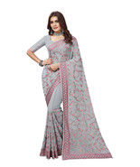 Designer Grey Heavy Resham Embroidery Work Sari Georgette Party Wear Saree - £85.68 GBP