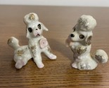 Vintage Japan White Poodle 2 Figurines Gold Specks Rose Flower - $9.79