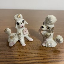 Vintage Japan White Poodle 2 Figurines Gold Specks Rose Flower - $9.79