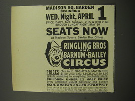 1953 Ringling Bros and Barnum &amp; Bailey Circus Ad - Madison Sq. Garden April 1  - £14.72 GBP