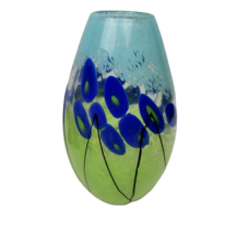 Blue Floral Hand Blown Art Glass Vase Abstract Textured Black Lines Vint... - £55.02 GBP